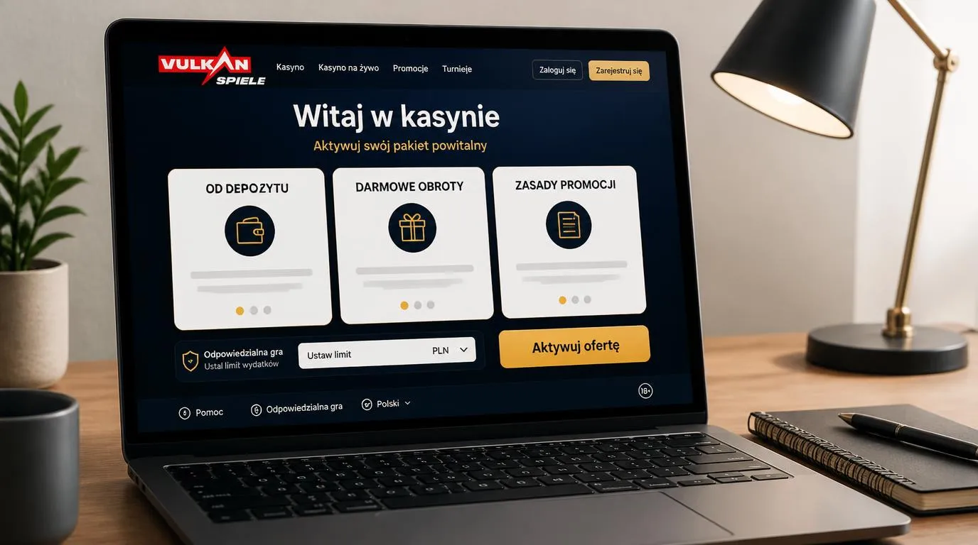 Ekran oferty powitalnej kasyna z panelem warunków bonusu i ustawieniami limitu wydatków