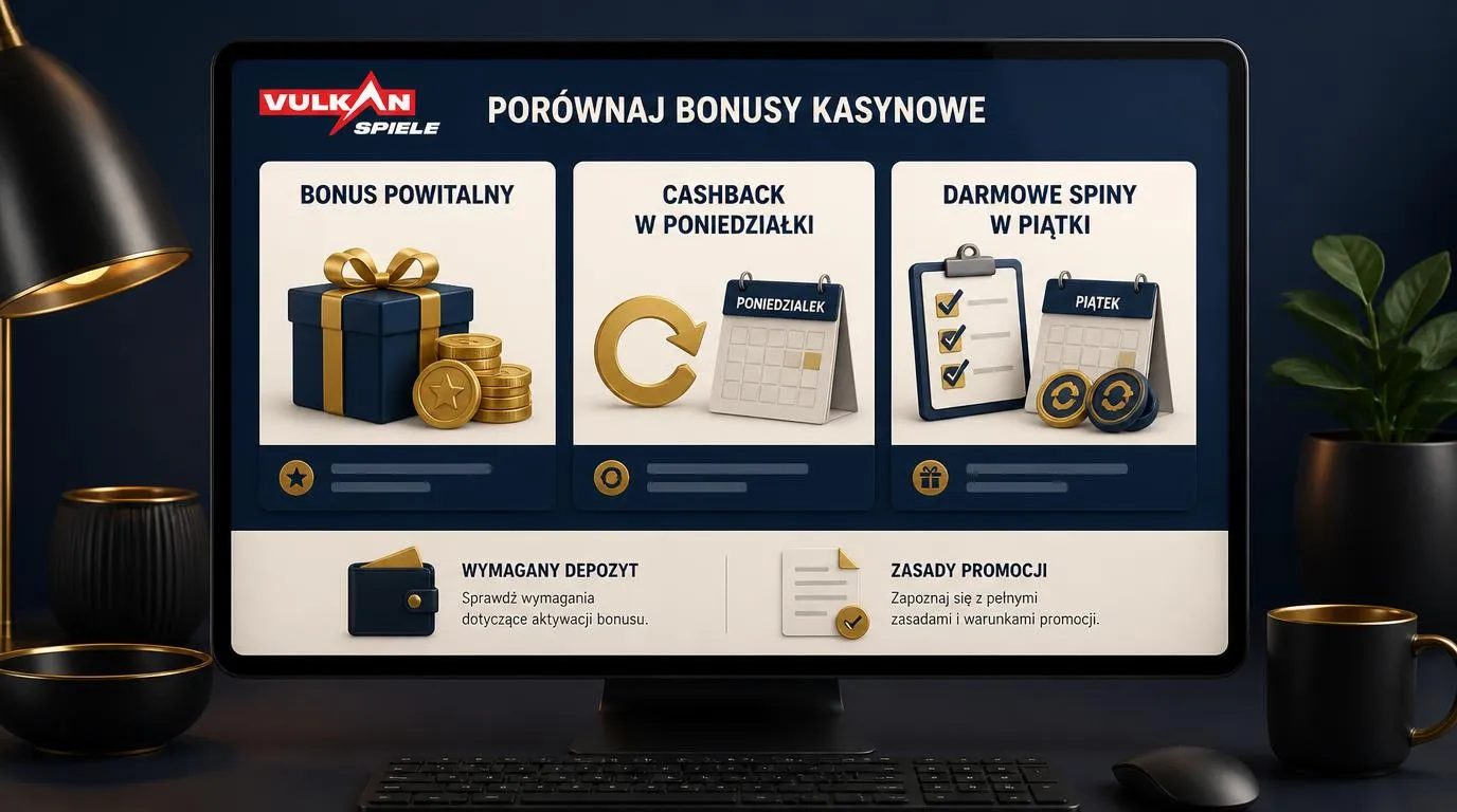 Trzy karty promocji kasynowych z bonusem powitalnym, cashbackiem i misjami tygodniowymi