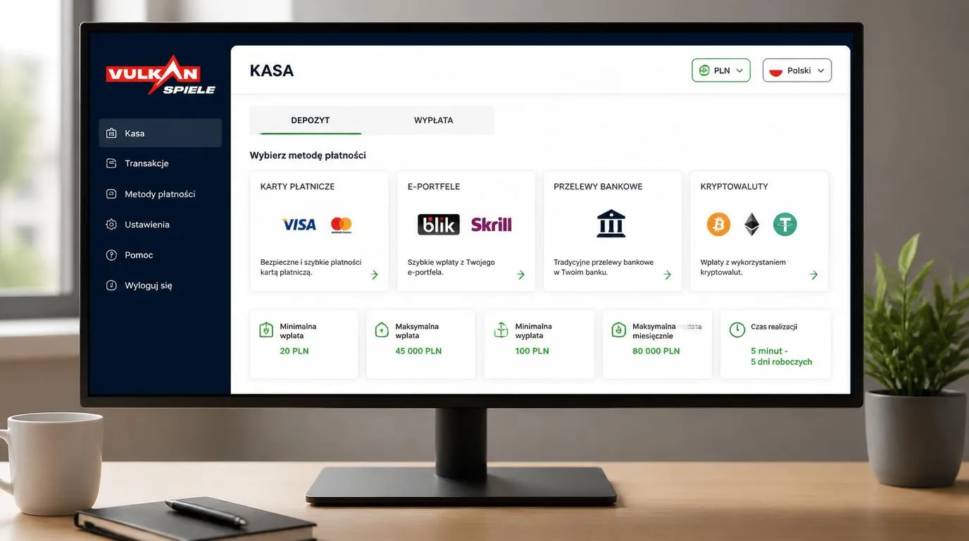 Panel kasy z metodami płatności, saldem w PLN oraz limitami wpłat i wypłat