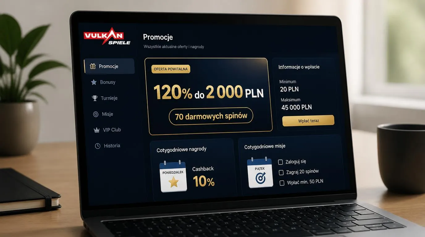 Panel promocji z bonusem 120% do 2 000 PLN, 70 darmowymi spinami i minimalnym depozytem 20 PLN